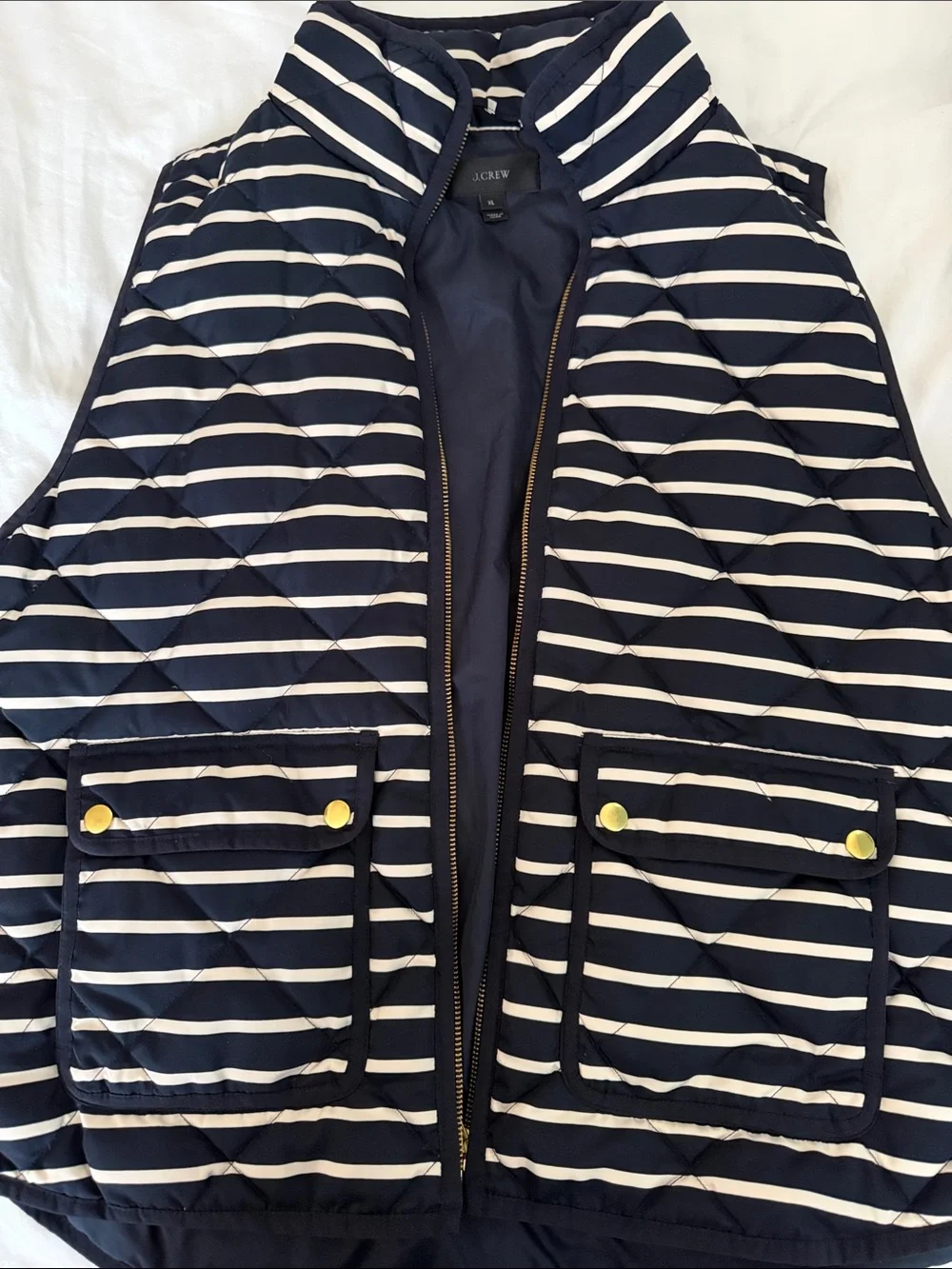 J. Crew Navy & White Striped Quilted Vest with Gold-Tone Snaps